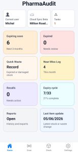 PharmaAudit App - drug expiry, waste, recall management, near miss log for pharmacies.