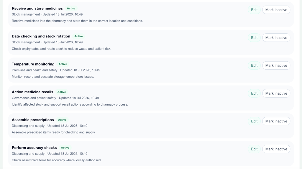PharmaAudit dashboard list of pharmacy job responsibilities such as date checking, temperature monitoring and actioning medicine recalls
