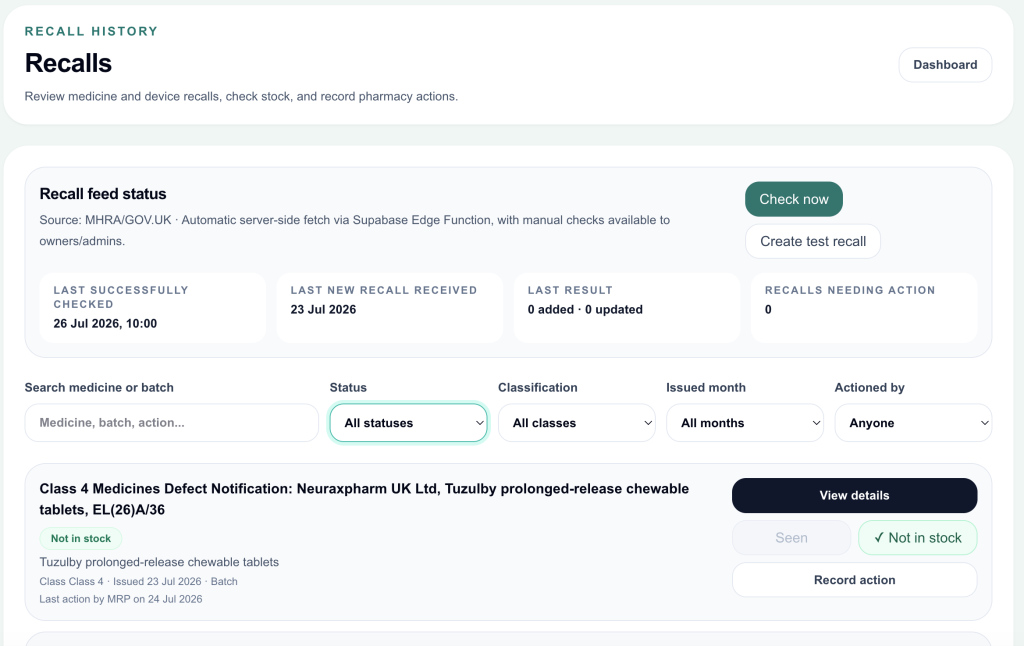 UK drug recall online management dashboard
