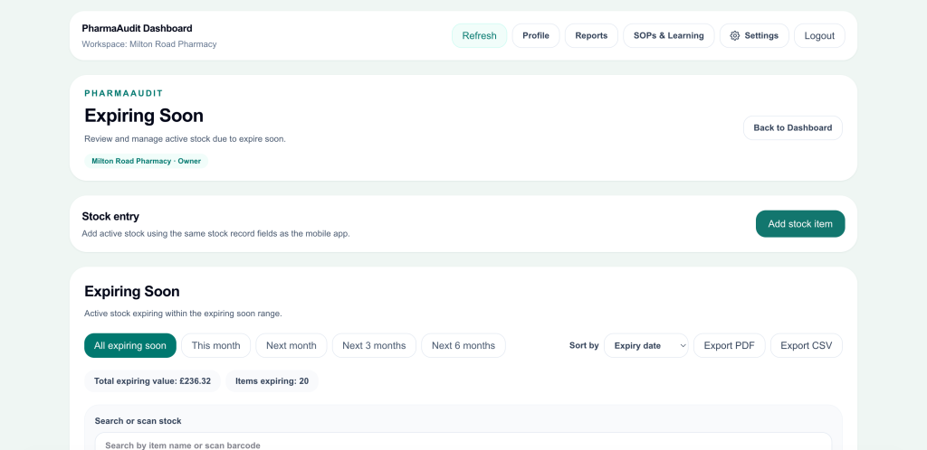 PharmaAudit dashboard Expiring Soon view with stock entry, expiry filters and total expiring value